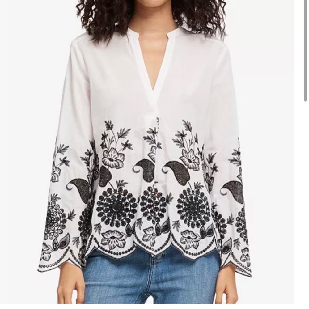 DKNY Black and White Embroidered Long Sleeve Blouse